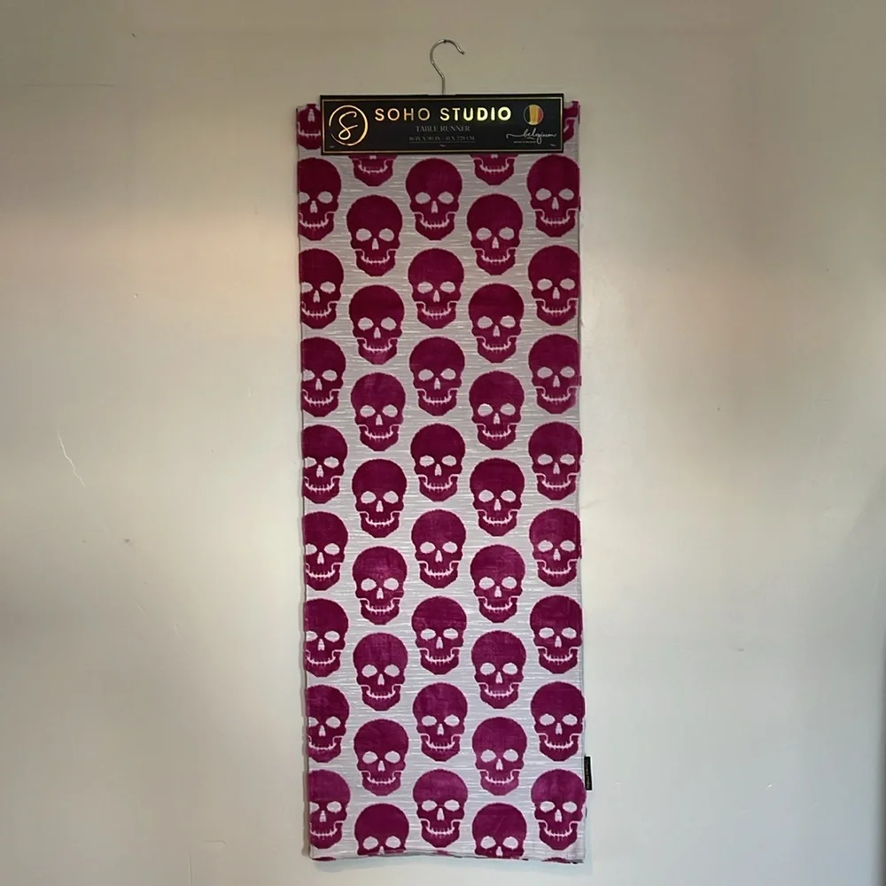 Soho Studio Goth Glam Belgium Woven Magenta Pink Velvet Skull Table Runner NWT